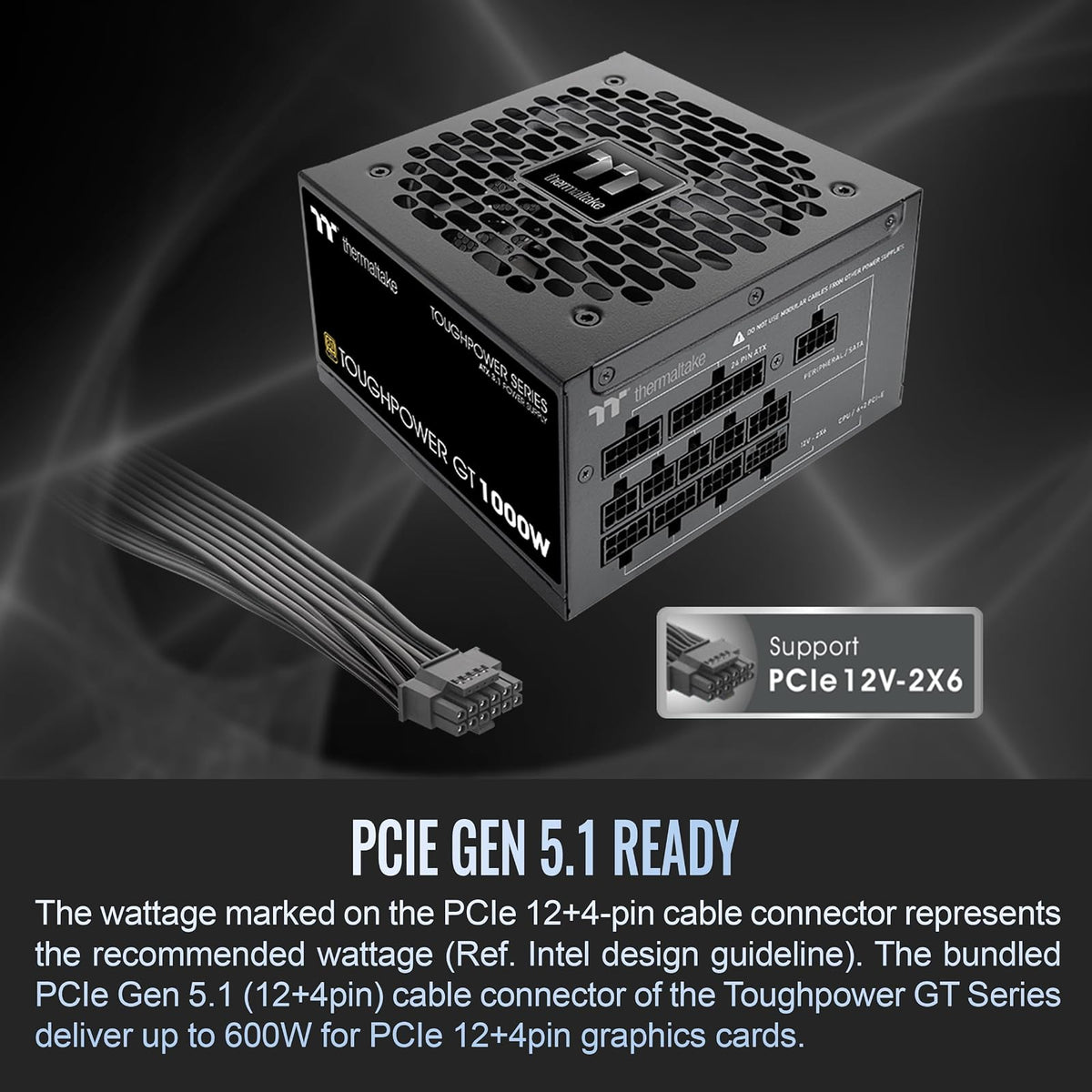 Thermaltake Toughpower GT 1000W; ATX 3.1; PCIe nativo 5.1 12V-2x6; modular completo; cables planos; conectores a juego de color; condensadores principales japoneses; oro 80 Plus; 140 mm; negro; PS-TPT