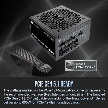 Thermaltake Toughpower GT 1000W; ATX 3.1; PCIe nativo 5.1 12V-2x6; modular completo; cables planos; conectores a juego de color; condensadores principales japoneses; oro 80 Plus; 140 mm; negro; PS-TPT