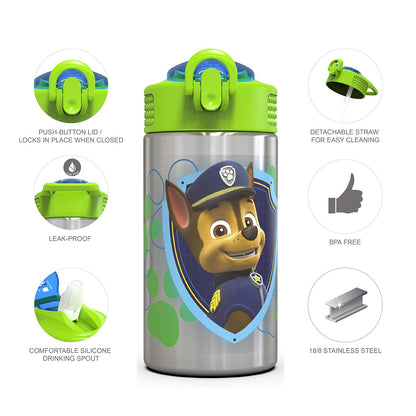 Zak Designs Paw Patrol - Botella de agua de acero inoxidable de 15.5 onzas con boquilla de popote abatible, diseño duradero sin BPA, Paw Patrol Boy SS