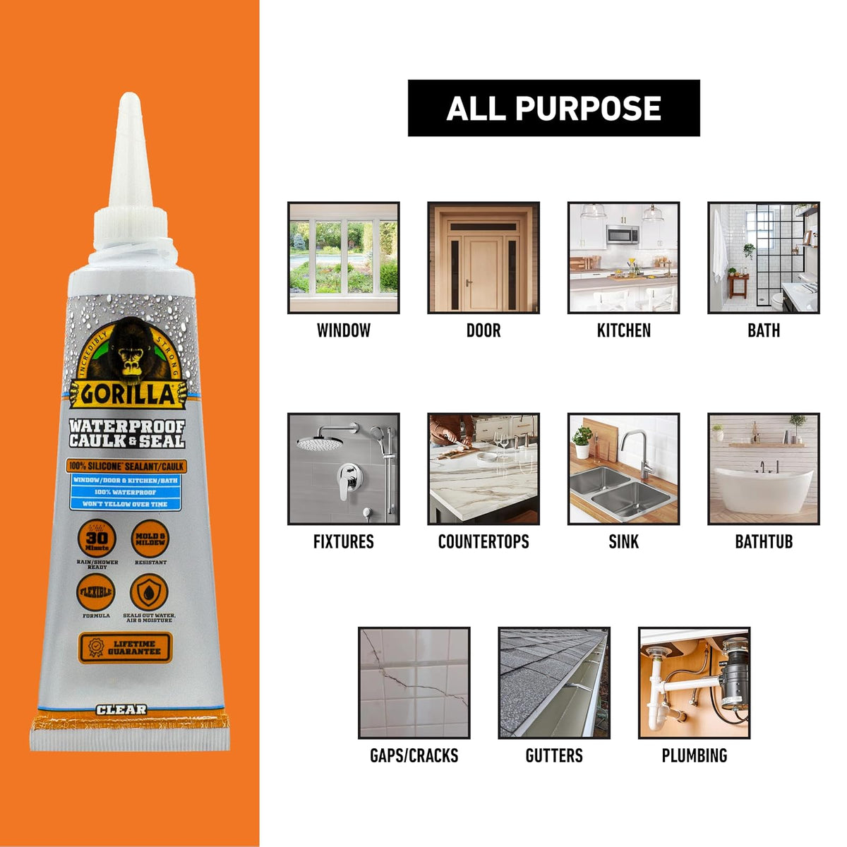 Gorilla - Calafateo 100% silicona, sellador impermeable, tubo de compresión de 2.8 onzas (paquete de 1) - Transparente - 10 años resistente al moho, cocina, ventana, baño, marina, puerta y más