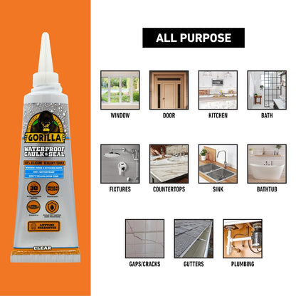 Gorilla - Calafateo 100% silicona, sellador impermeable, tubo de compresión de 2.8 onzas (paquete de 1) - Transparente - 10 años resistente al moho, cocina, ventana, baño, marina, puerta y más