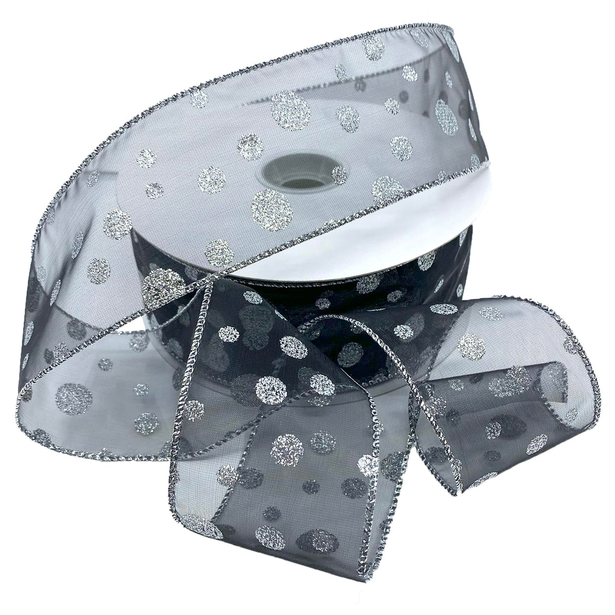 Morex - Cinta de purpurina con diseño de lunares con purpurina, carrete de 2-1/2 pulgadas por 50 yardas, negro/plateado