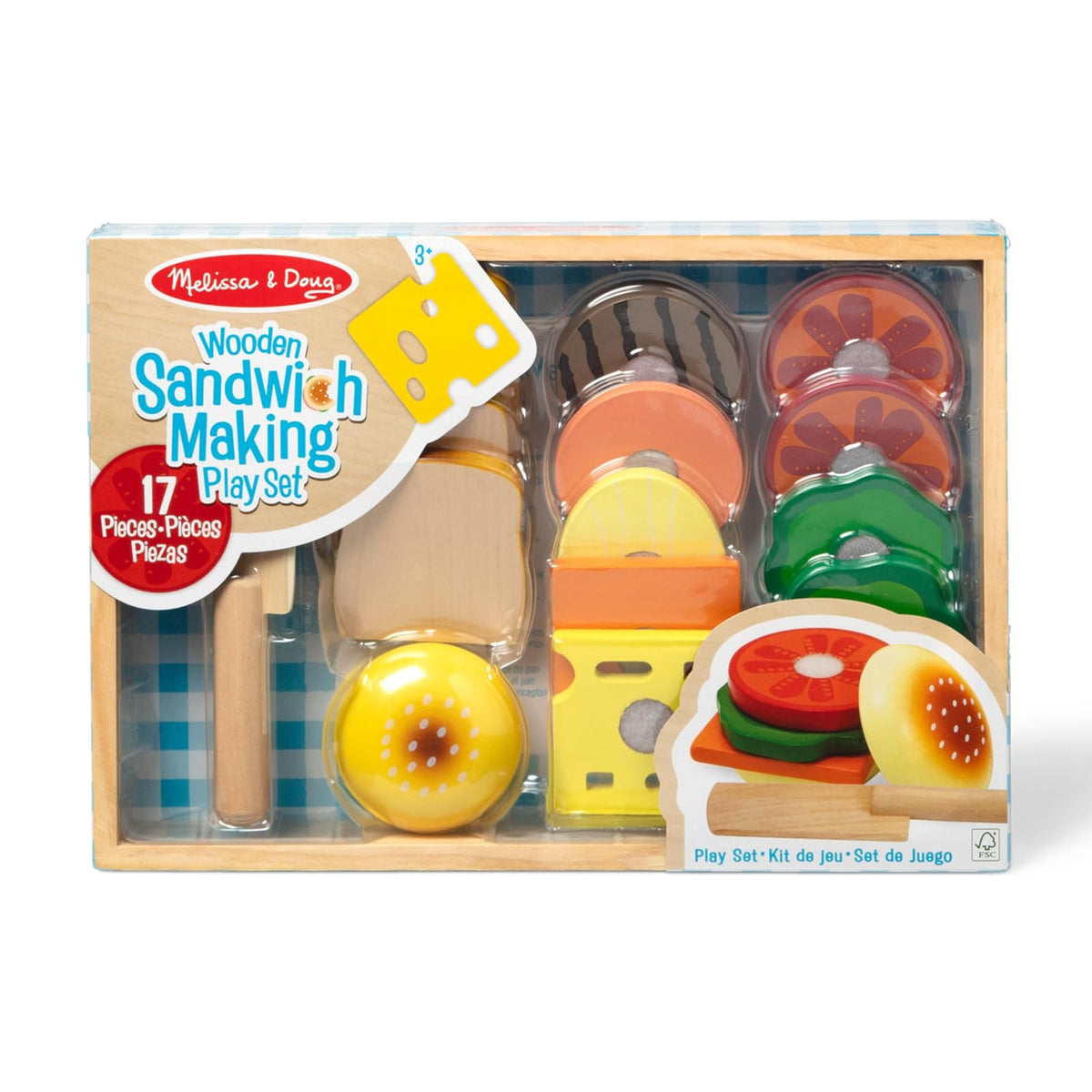 Melissa & Doug Juego para Hacer Sándwiches, Comida de Juguete, Juguete de Madera, Juego de Imitación (16 Piezas)
