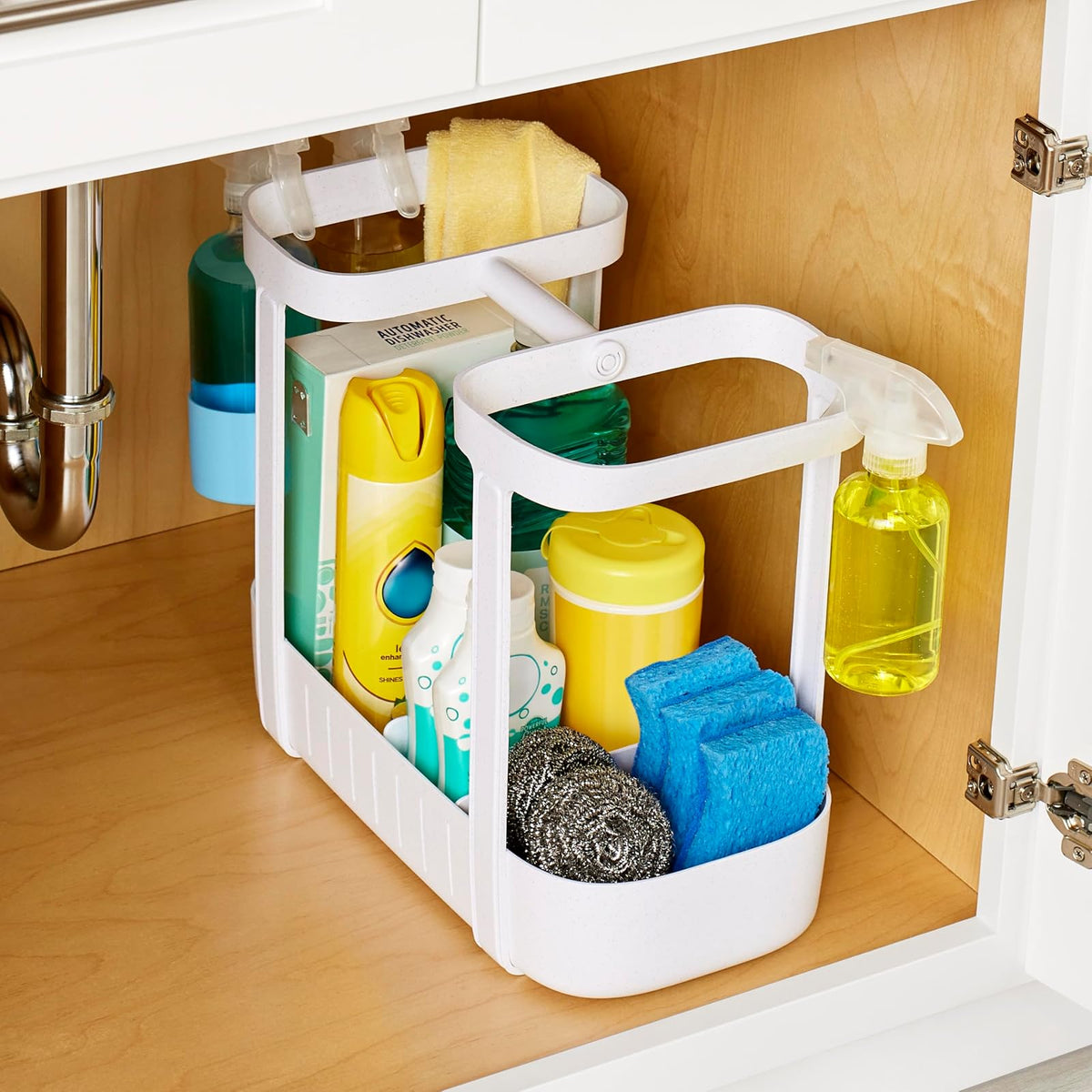 YouCopia SinkSuite - Cesta de limpieza para debajo del fregadero, organizador de suministros de limpieza ajustable de 2 niveles para cocina y baño, organización y almacenamiento