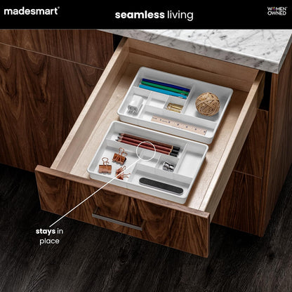 Madesmart Juego de 2 Bandejas Organizadoras de Plástico | Blanco, 12 compartimentos, multiusos, para cajones