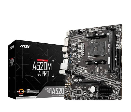 MSI - Tarjeta Madre -A520M-A PRO - MATX - Socket AM4 - Soporta memoria DDR4 hasta DDR4-4600 MHz (OC) MHz -HDMI - 2 DIMM, Memoria Máxima DDR4 (64 GB) - Para AMD