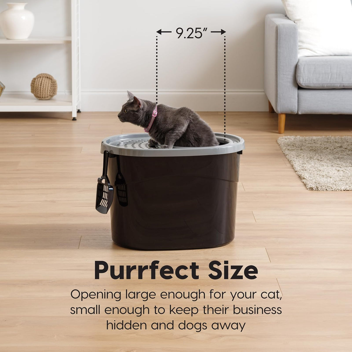 IRIS USA Caja de Arena Gato Entrada Superior, Cubierta, Pala, Negro/Gris | Ideal para gatos de interior, entrada superior, caja con tapa, interior espacioso y diseño resistente para mascotas
