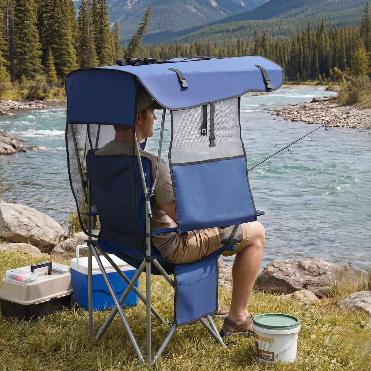 VEVOR Silla de Camping Plegable con Sombrilla Capacidad Máxima de 150 kg, Silla de Camping Portátil con Toldo Tela Oxford, Compartimento para Revistas, Portavasos y Bolsillo para Exteriores Pesca