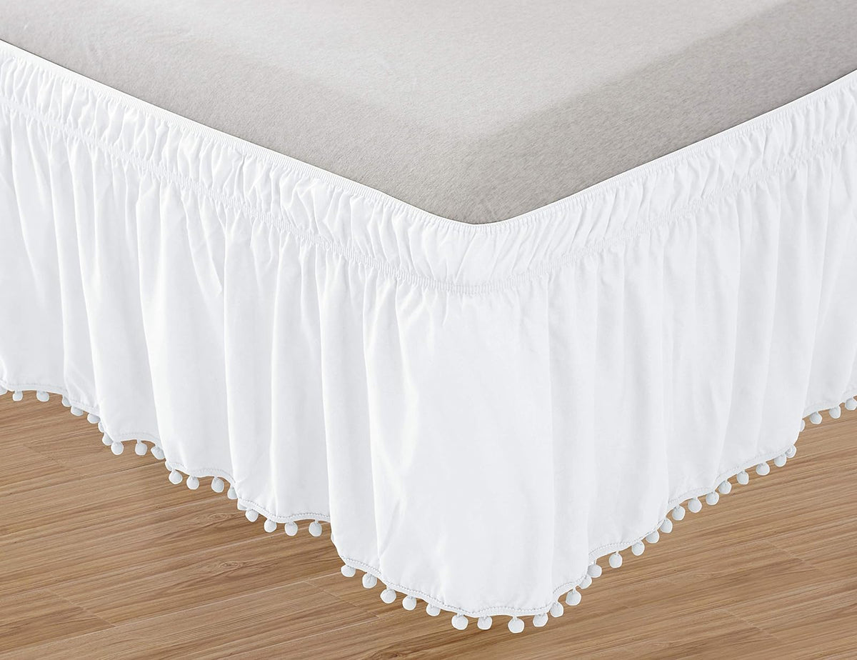 Elegant Comfort - Falda elástica con Nudo Superior con Flecos y Volantes Alrededor del Estilo de Cama, Resistente a Las Arrugas, caída de 16 Pulgadas, tamaño Individual/matrimonial, Color Blanco