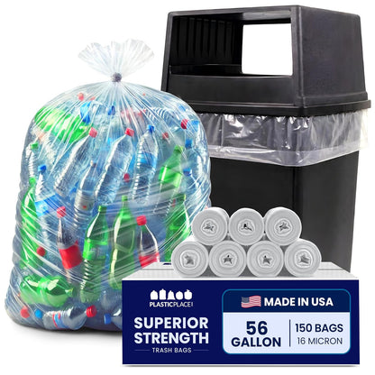 Plasticplace 55-60 gallon Trash Bags │ 22 Microns │ Clear High Density Garbage Can Liners │ 38” x 60” (150Count)