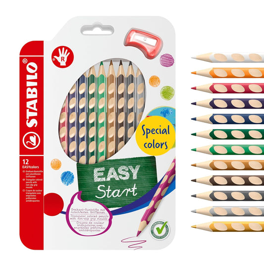 STABILO EASYcolors - Lápiz para colorear ergonómico - Diestro - Paquete de 12 - Colores especiales con sacapuntas