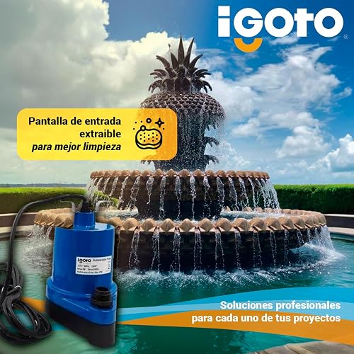 Igoto BF195 Bomba Sumergible para Fuentes de Agua 1/6 HP 124W Bomba para Estanque y Cascada IP68 Caudal Máx 76 L/min Altura Máx 6 m Motor 127V