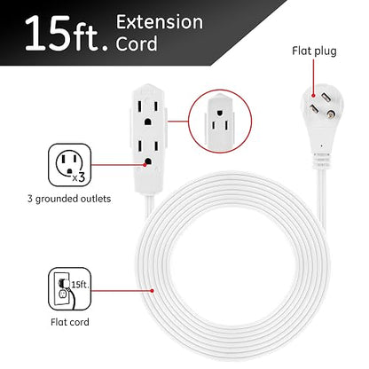 GE 56986 - Cable de extensión plano de 3 tomas, cable de extensión a tierra de 15 pies con múltiples tomas, extensor de toma de corriente de 3 clavijas, enchufe plano, calibre 16 para interiores