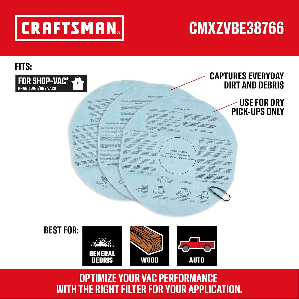 CRAFTSMAN 38766 Wet Dry Vac Filter, Reusable Dry Filter for Shop Vacuums, 3-Pack