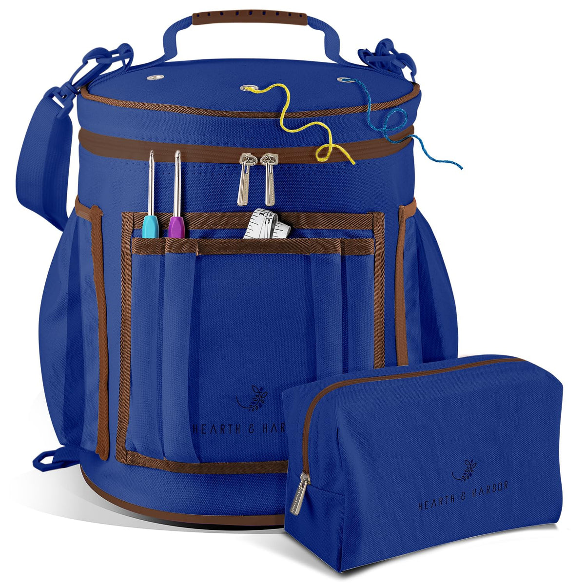 Hearth & Harbor Organizador Bolsa Ganchillo | Bag 11x16 pulgadas, capacidad 24 madejas, 13 bolsillos, puerto USB, tela duradera