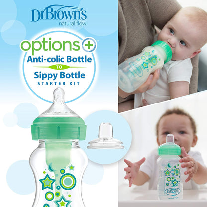 Dr. Brown's™ Options+™ Kit de iniciación de botellas de cuello ancho, pezones de nivel 3 con boquilla de transición, paquete de 2 9 onzas, verde, 6 meses +