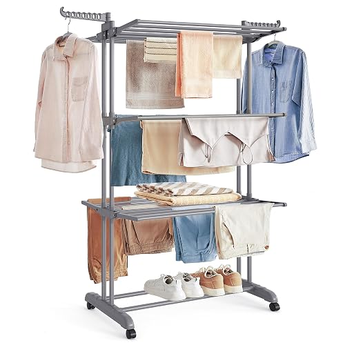 SONGMICS Tendedero, Tendedero Plegable de 4 Niveles, Asas Plegables, con Ruedas, 63.5 x 128 x 173 cm, Interior y Exterior, Gris MLLR701G01