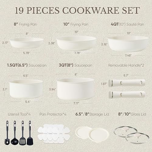 CAROTE – Batería de Cocina 15 Piezas, Ollas y Sartenes Antiadherentes, Mango Desmontable, Apto para Horno, Color Granito Blanco, Compatible con Inducción y Gas