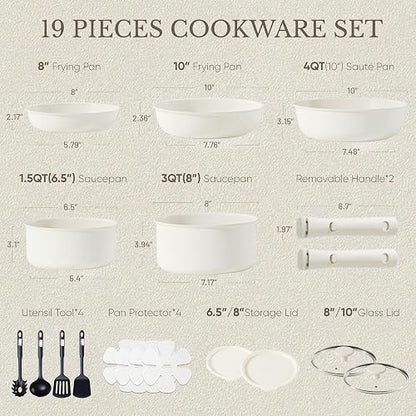 CAROTE – Batería de Cocina 15 Piezas, Ollas y Sartenes Antiadherentes, Mango Desmontable, Apto para Horno, Color Granito Blanco, Compatible con Inducción y Gas