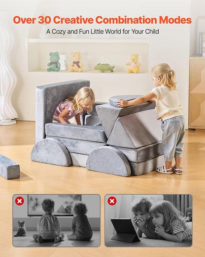 VEVOR Sofá Modular para Niños, Sofá Convertible Seccional de Esponja 28D y Pelo Corto con Reposabrazos, Combinación Creativa DIY para Sala de Juegos, Sala de Estar para Niños, 14 Piezas, Gris
