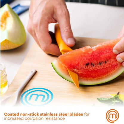MasterChef - Juego de 6 cuchillos de cocina, cuchillas de acero inoxidable extra afiladas para corte profesional con revestimiento antiadherente y asas suaves al tacto de fácil agarre en un bloque