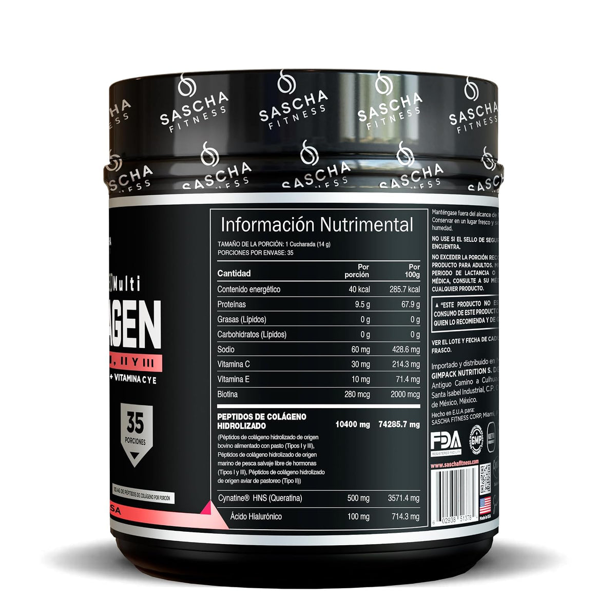 Sascha Fitness Multi Colágeno Hidrolizado | Ácido Hialurónico | Biotina | Cynatine HNS | Vitamina C & E - Sabor Limonada de Fresa