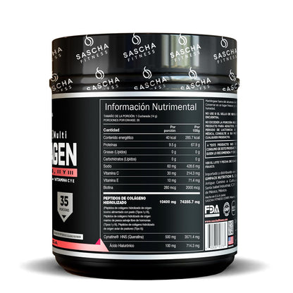 Sascha Fitness Multi Colágeno Hidrolizado | Ácido Hialurónico | Biotina | Cynatine HNS | Vitamina C & E - Sabor Limonada de Fresa