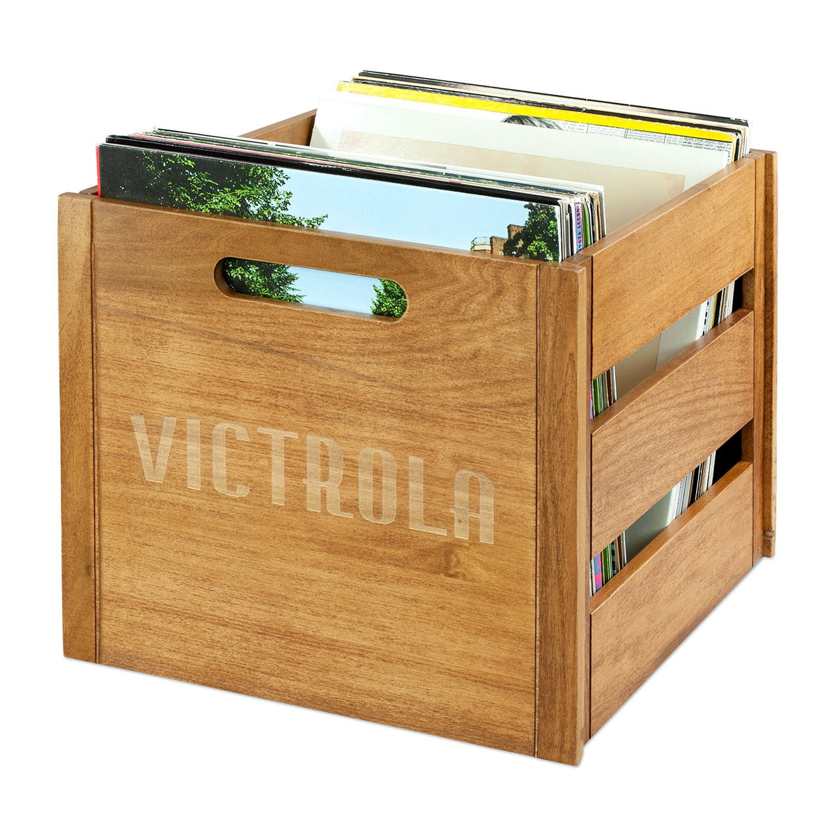 Victrola Caja de Madera para Discos de Vinilo, Rústico, Marrón, 14x13.25x11.75 Pulgadas, 5 Libras
