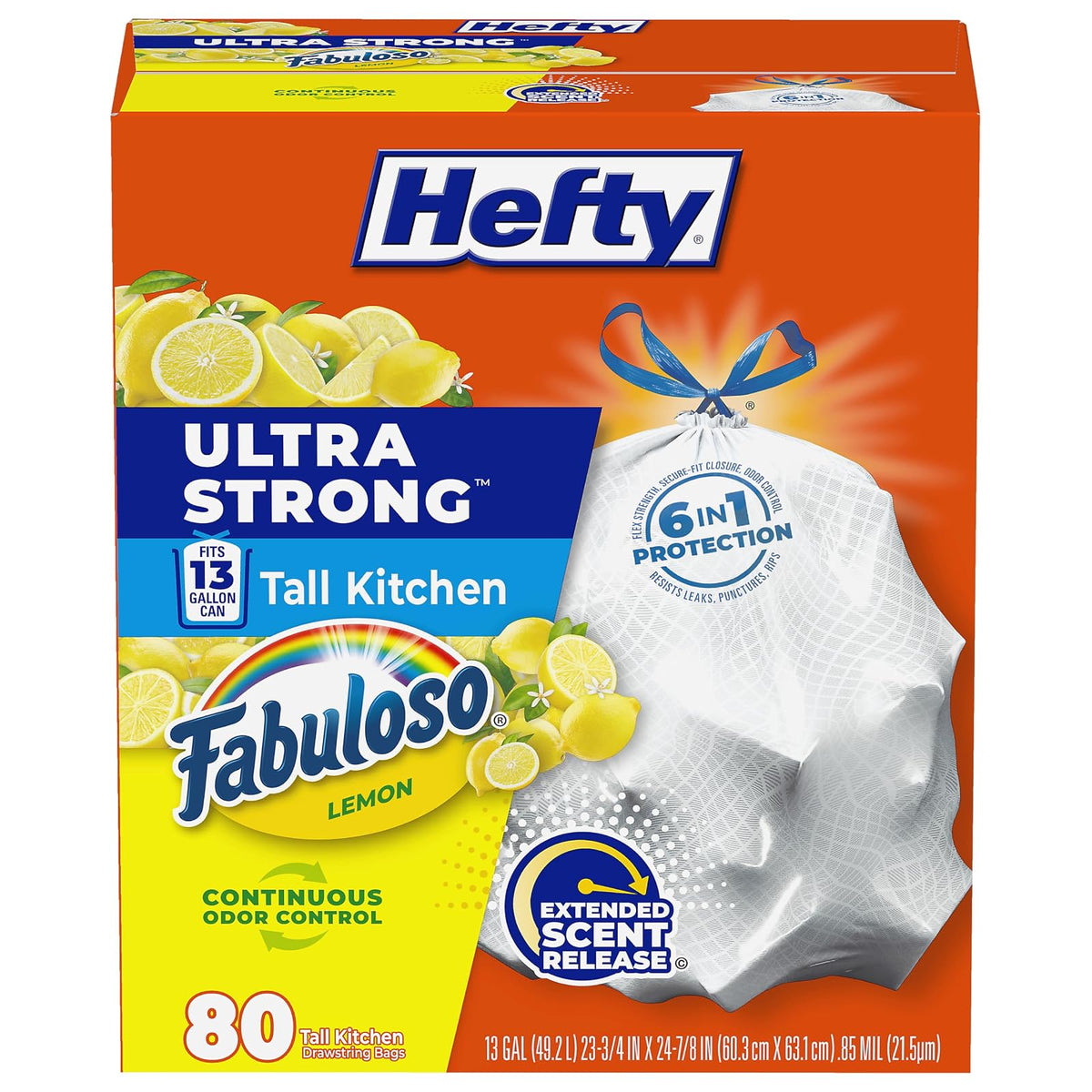 Hefty Bolsas de Basura con Cordón 13 Galones, Aroma Cítrico, 80 Piezas - Fabuloso Limón - 80 count (Pack of 1)