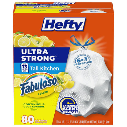 Hefty Bolsas de Basura con Cordón 13 Galones, Aroma Cítrico, 80 Piezas - Fabuloso Limón - 80 count (Pack of 1)