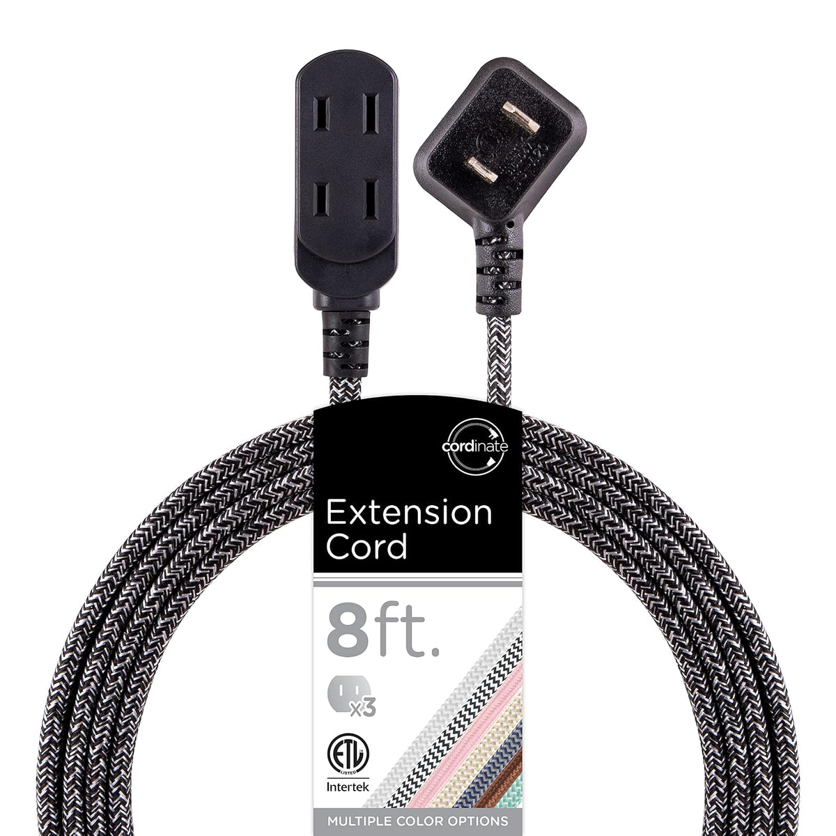 Cordinate Designer Extensión Eléctrica de 3 Salidas Polarizadas, Cable Trenzado 2.4 m - Negro - Gris - 2.4 m - 1 paquete