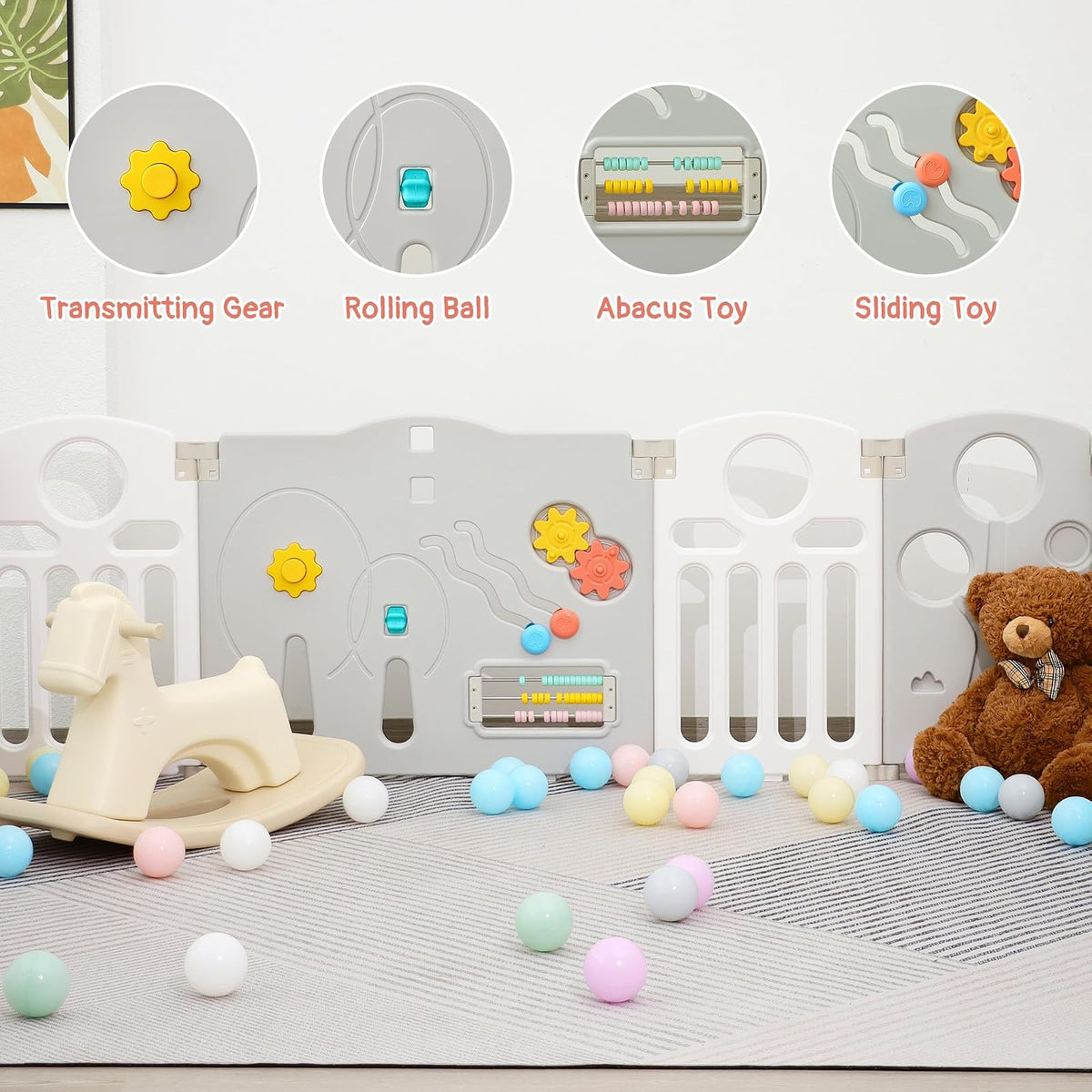 HAPPYMATY Baby Playpen, 18-Panel plegable Play Pen para bebés y niños pequeños Cerca para bebé con panel de juego Sensorial, Forma ajustable Centro de juego de actividad, Portátil y de montaje