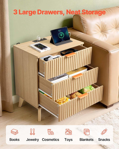 VEVOR Mesita de Noche Acanalada con estación de Carga, 3 cajones, cómoda para Dormitorio, Mesa Auxiliar Moderna de Mediados de Siglo, mesita de Noche, Mueble de Almacenamiento, cómoda, Color Caqui