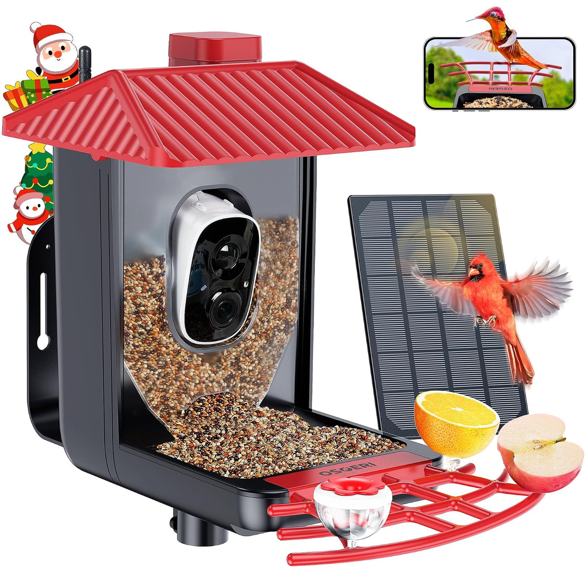 Osoeri Comedero para Pájaros con Cámara, Inteligente con IA, Identifica Aves, 1080P, Captura Vídeos Automática, Detección de Movimiento, Accesorios DIY, Regalo (Rojo Negro)