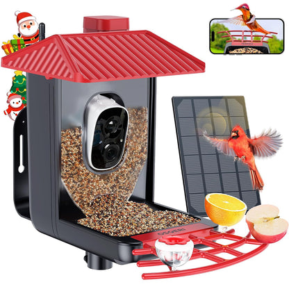 Osoeri Comedero para Pájaros con Cámara, Inteligente con IA, Identifica Aves, 1080P, Captura Vídeos Automática, Detección de Movimiento, Accesorios DIY, Regalo (Rojo Negro)