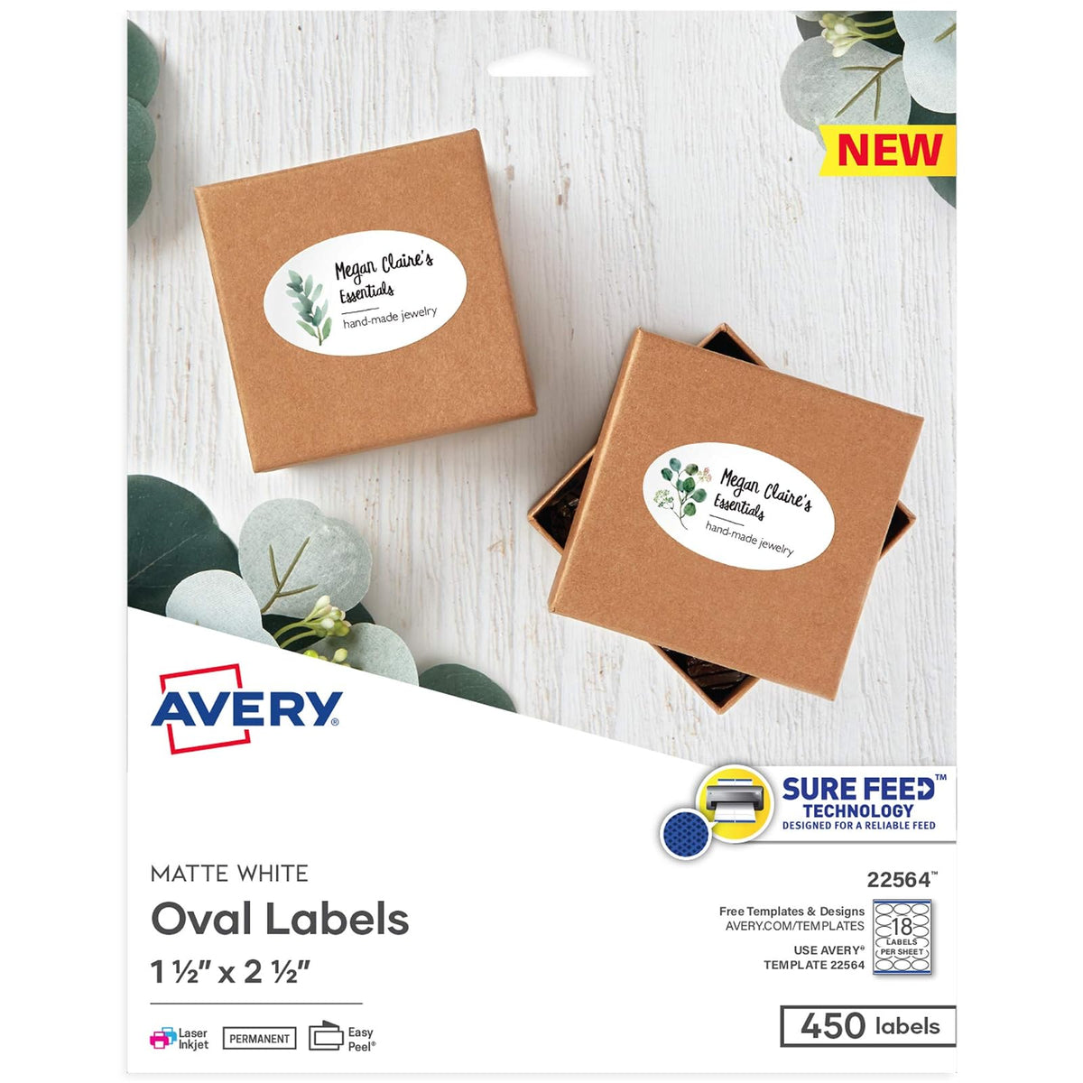 Avery Etiquetas ovaladas en blanco imprimibles, 1.5 x 2.5 pulgadas, blanco mate, 450 etiquetas personalizables (22564)