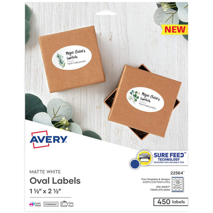 Avery Etiquetas ovaladas en blanco imprimibles, 1.5 x 2.5 pulgadas, blanco mate, 450 etiquetas personalizables (22564)