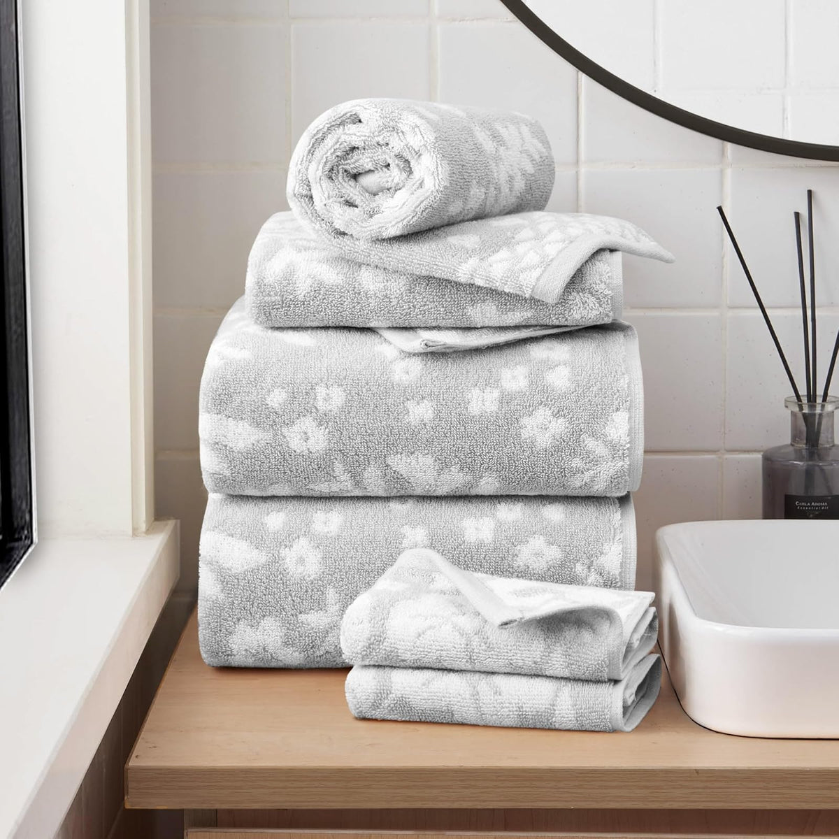 Lucky Brand Folk Floral - Juego de Toallas de baño de 6 Piezas, (2) Toallas de baño, (2) Toallas de Mano y (2) paños de baño, Color Gris Glaciar - Set de 6 piezas - Gris Glaciar