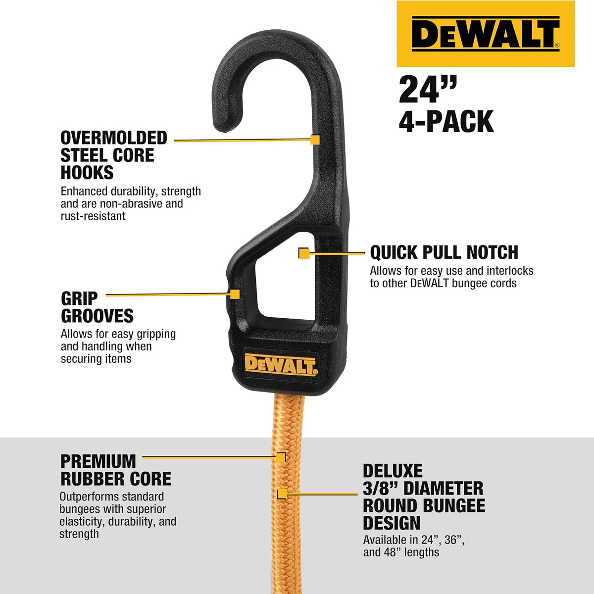 DEWALT DXBC300244 - Cordones elásticos Resistentes de Alta Calidad, Color Negro y Amarillo, Paquete de 4