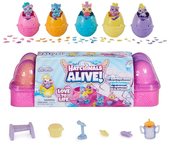 HATCHIMALS Alive, cartón con 5 Minifiguras en Huevos Que se rompen Solos y 11 Accesorios, Juguetes para niños
