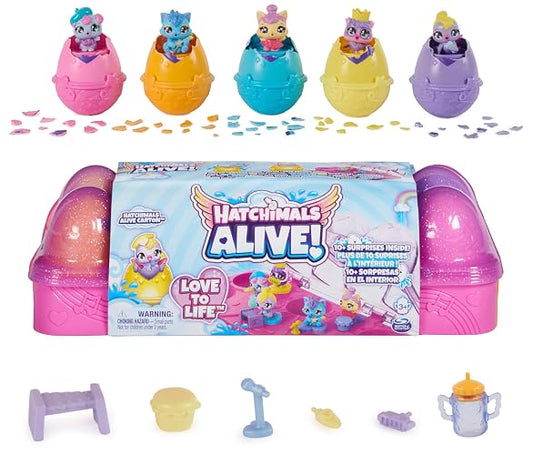 HATCHIMALS Alive, cartón con 5 Minifiguras en Huevos Que se rompen Solos y 11 Accesorios, Juguetes para niños
