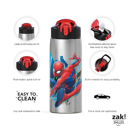 Zak Designs - Botella de agua Marvel 18/8 de acero inoxidable de una sola pared de 27 oz con popote abatible y tapa con cierre, taza duradera para deportes o viajes (27 oz, Spider-Man)