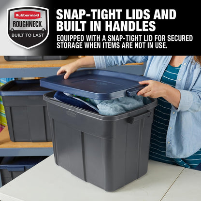 Rubbermaid Roughneck Bolsas de almacenamiento de 18 galones, paquete de 6, recipientes de almacenamiento apilables duraderos con tapas, contenedores de almacenamiento de plástico encajables para
