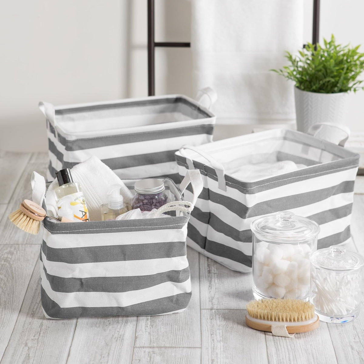 DII Canastilla de algodón/poliéster para la Ropa Sucia, Set de 2, Gris (Gray Rugby Stripe), Extra Small Bins, 1, 1