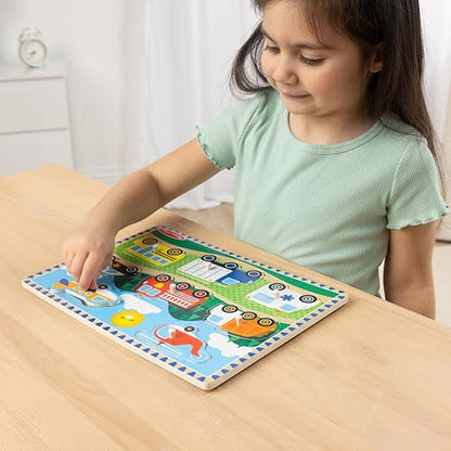 Melissa & Doug Rompecabezas de Vehículos con Clavijas, Juguete de Madera, Coloridas Ilustraciones de Vehículos, Construcción de Madera Extra-Gruesa (8 Piezas)