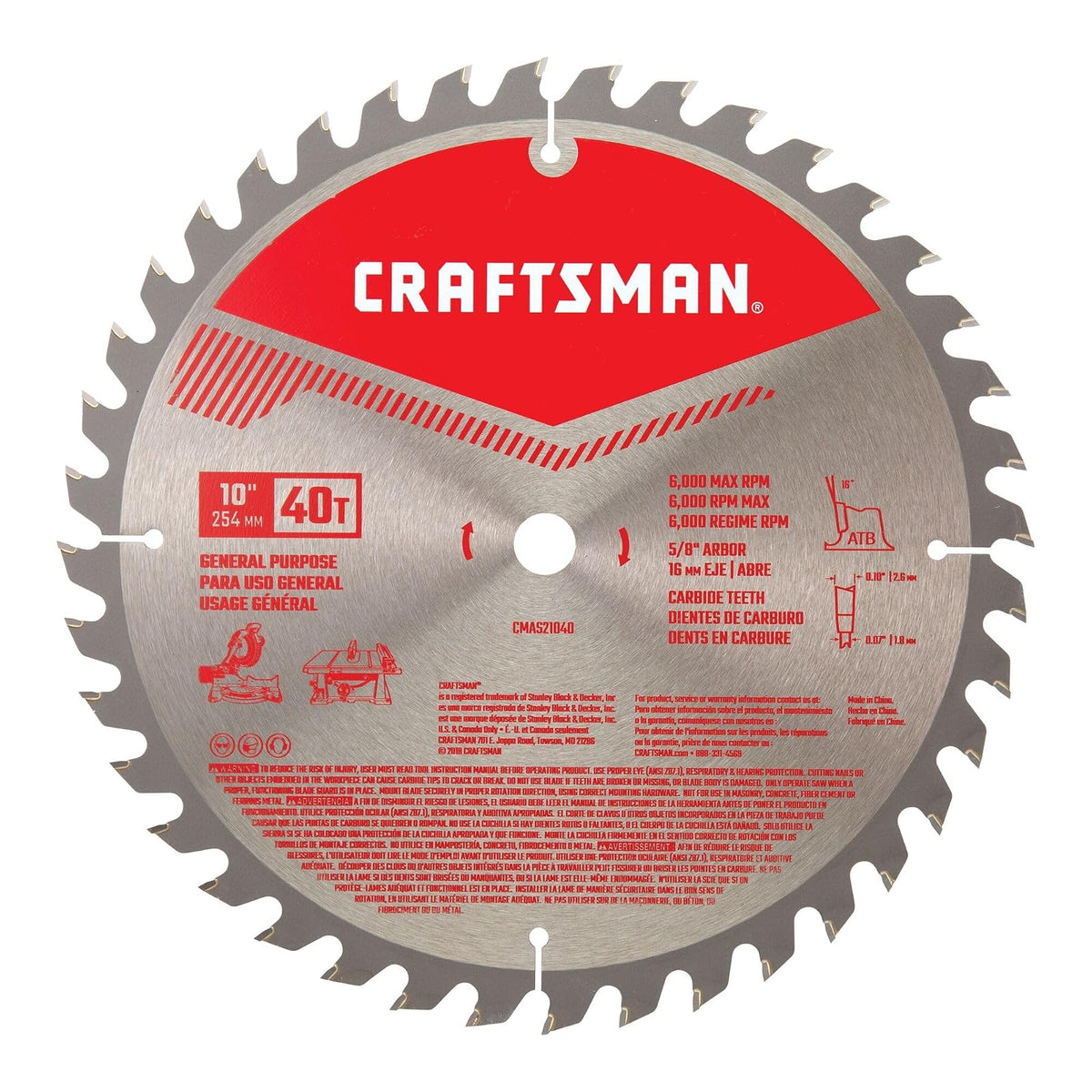 CRAFTSMAN - Hoja de sierra circular de carburo 40T de 10 pulgadas, hoja de sierra de mesa con eje de 5/8 pulgadas (CMAS21040)