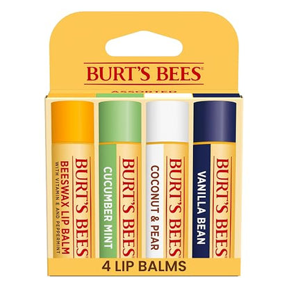 Burt's Bees - Bálsamo labial de cera de abejas, menta, pepino, coco y pera y vainilla, con cera de abejas de origen responsable, sin tinte, tratamiento labial de origen natural, 4 tubos, 0.25 onzas