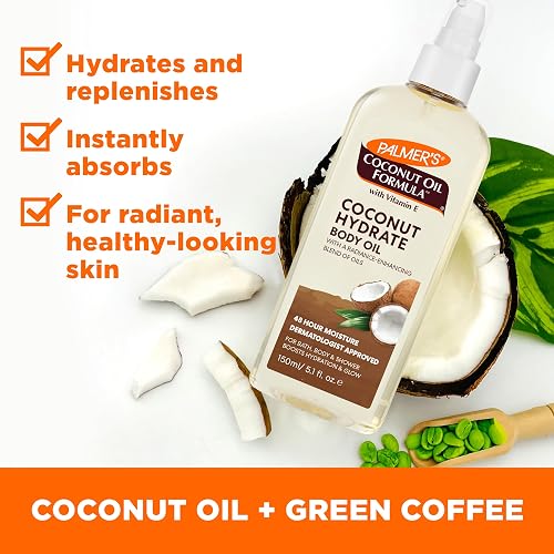 Palmer's Coconut Oil Formula Body Oil - Aceite Corporal Hidratante Coco con Extracto de Café Verde, Absorción Instantánea, Aceite para Baño, Cuerpo y Ducha, 150ml