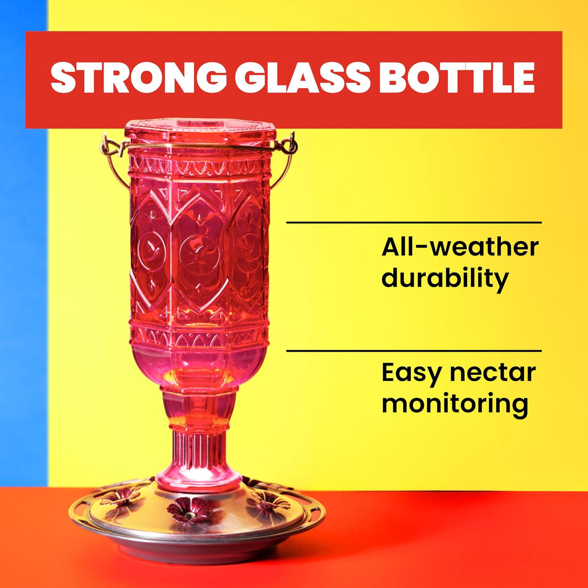 More Birds 76IN Ounce Nectar Capacity Hummingbird Feeder Vintage Red Antique Glass Bottle, 23-Oun, 23 oz