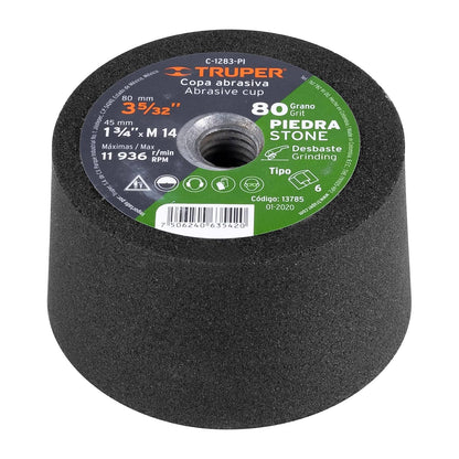 Truper C-1283-PI, Copa desbaste, 3-5/32", 14 mm, grano 80 para piedra - M14 - Grano 80